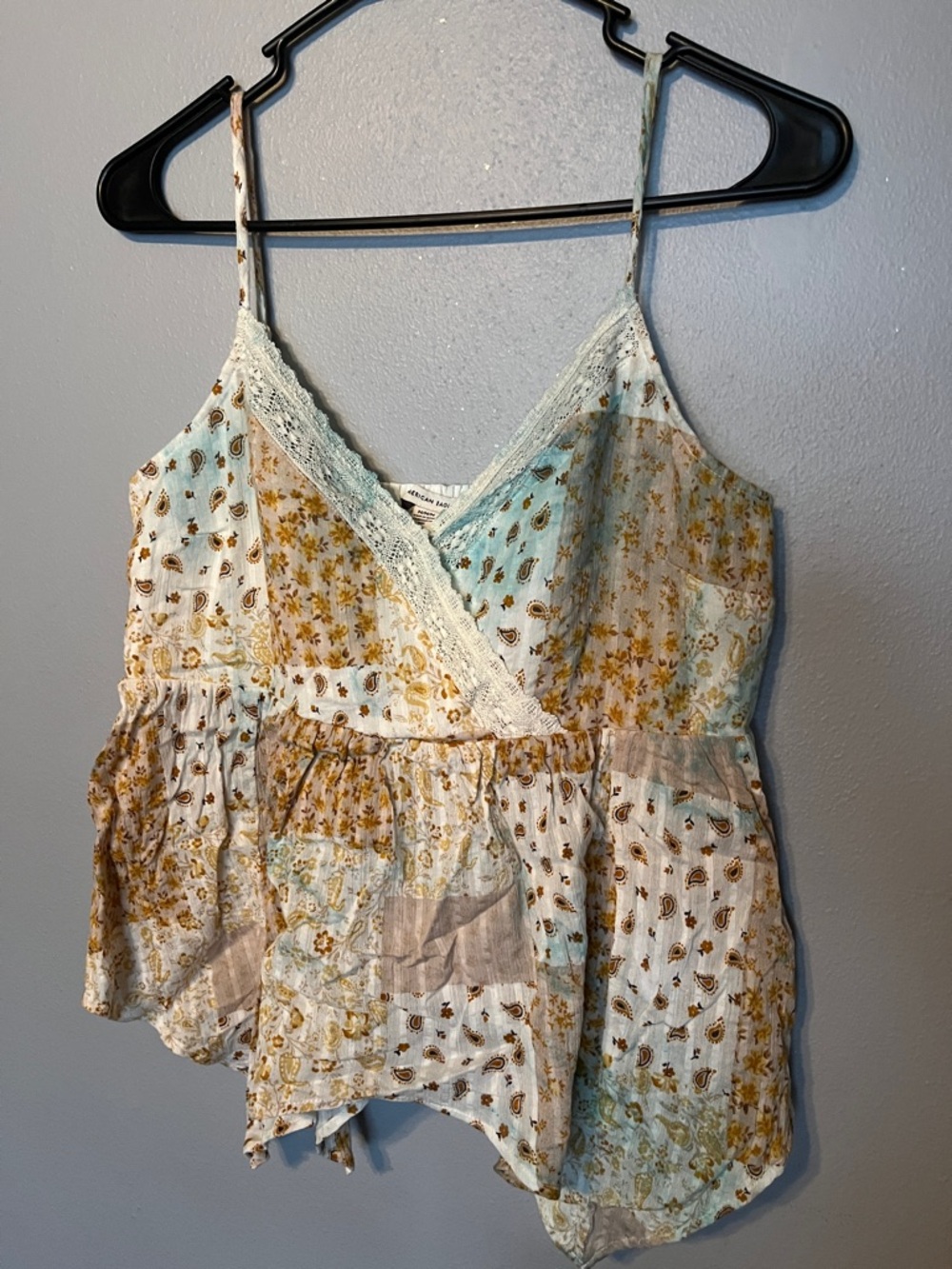 American Eagle Outfitters Light Blue & Mustard Floral Lace-Trim Cami